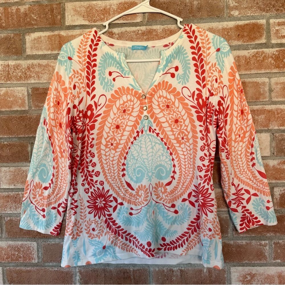 J. McLaughlin Sweater 3/4 Sleeves Half Button Paisley Blue Salmon Medium